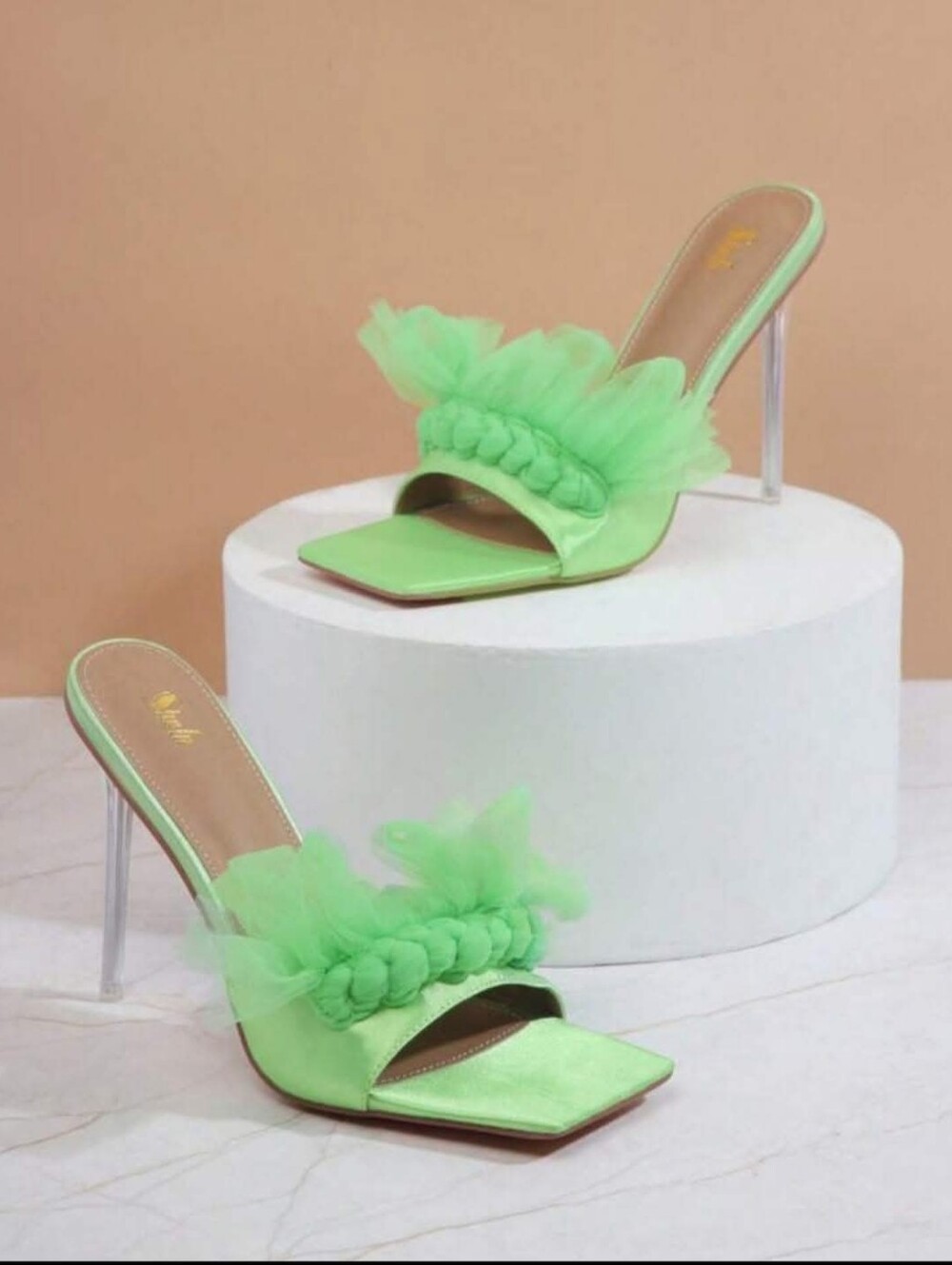 Lemonade Mint Green Tulle Slide Heels